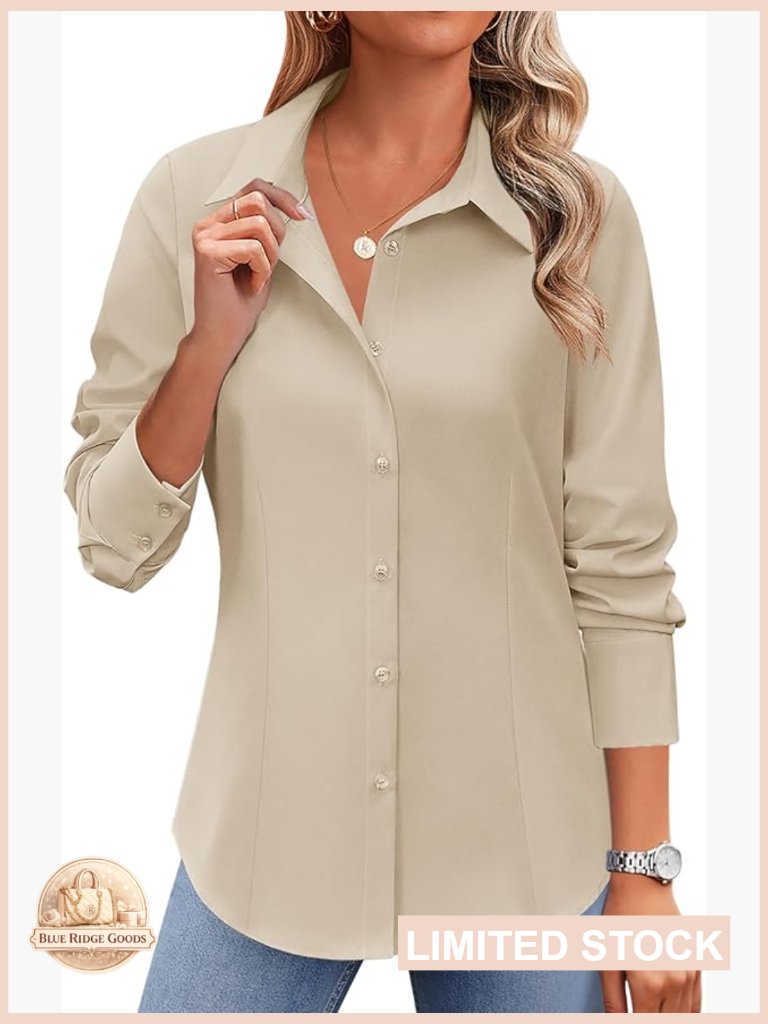 Button Down Long Sleeve Blouse Wrinkle Free Collared Office Work Top